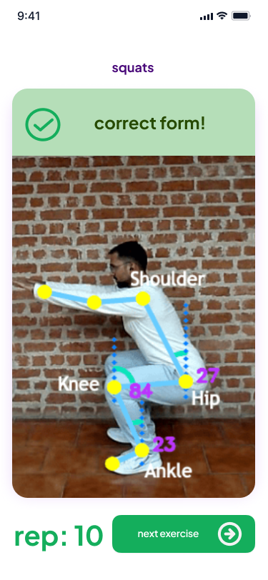Workout Wizz showing correct form confirmation with green checkmark and joint tracking