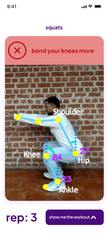 Workout Wizz showing real-time form correction with joint tracking and 'bend your knees more' feedback